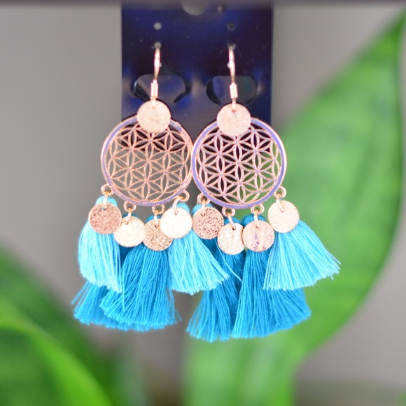 Boho Gold Dreamcatcher Tassel Earrings Turquoise - Picture 1 of 7